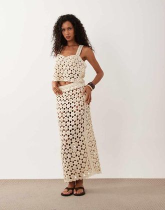 Asos Gonna midi premium alluncinetto color crema con fiori in coordinato-Bianco