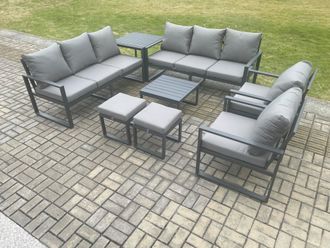 Fimous Aluminium Patio Outdoor Garden Furniture Lounge Sofa Set with Square Coffee Table 2 Chairs Side Table 2 Small Footstool Dark Grey