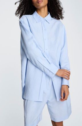 Kenneth Cole Long Linen Blend Button-Up Shirt in Blue Dawn at Nordstrom, Size X-Large