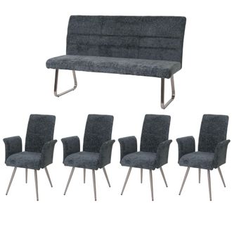 Hhg Hhg - Juego De Comedor 219, Juego De 4 Sillas Con Reposabrazos + Banco 160cm, Acero Inoxidable Cepillado Tela/textil Chenilla, Azul-verde
