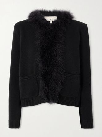 Valentino Garavani Cardigan In Lana Con Piume - Nero