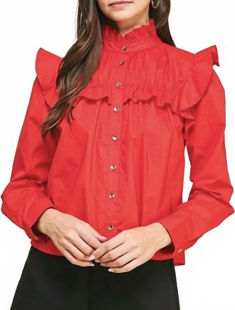Pinch Design Button Down Ruffle Blouse In Red