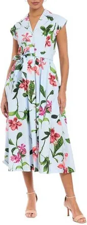 London Times Floral Belted Shirtdress in Blue/Coral at Nordstrom Rack, Size X-Large