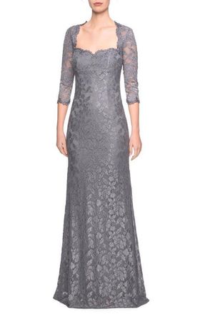 La Femme Long Lace Gown with Sweetheart Neckline in Platinum at Nordstrom, Size 16