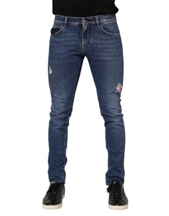 Dolce & Gabbana Mens Blue Washed Skinny Cotton Tattered Denim Jeans Light Clothing