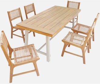 Sweeek Mesa Interior/exterior De Madera De Acacia Y Metal Con 6 Sillas De Resina Trenzada
