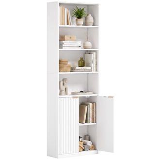 HOMCOM Homcom Estanter&iacute;a Para Libros Alta Y Estrecha, Librer&iacute;a De 6 Niveles Con 4 Compartimentos Abiertos, Estante Ajustable, Cierres Magn&eacute;ticos, Blanco