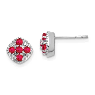 Diamond2Deal Sterling Silver Rhodium-plated Ruby Flower Stud Earrings