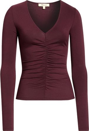Madewell Shirred V-Neck Long Sleeve Top in Dark Pomegranate at Nordstrom, Size Xx-Small