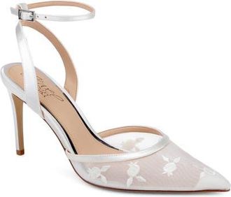 Badgley Mischka Zaida Ankle Strap Pointed Toe Pump in Ivory Satin at Nordstrom, Size 9.5