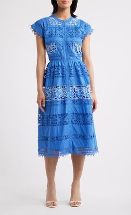 Elie Tahari The Ava Eyelet Midi Dress in Seaport Blue at Nordstrom, Size 12
