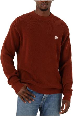 Calvin Klein Rode Katoenen Wafel Crewneck Sweater - Heren - Ronde hals truien - Bruin - S - Katoen - Truien & Vesten
