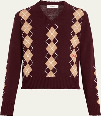 Chloé Wool-Cashmere Argyle V-Neck Sweater