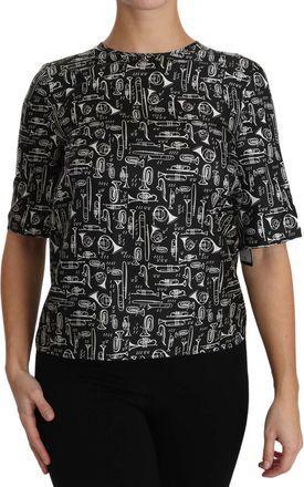 Dolce & Gabbana Womens Musical Instruments Print Top Tsh2894 - Black Silk - Size EU 38 (Womens)