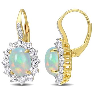 Amour 1 3/4 CT TGW Oval Shape Blue Ethiopian Opal and White Topaz and Diamond Accent Halo Leverback Earrings In Yellow Plated Sterling Silver