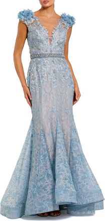 Mac Duggal Embroidered Illusion Appliqued Bodice Trumpet Gown in Powder Blue at Nordstrom, Size 12