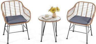 Costway Conjunto De Bistro De Conversaci&oacute;n De Patio De 3 Piezas, Muebles De Mimbre Al Aire Libre Con Mesa Redonda De Vidrio Templado, 2 Sillones & Cojines, Ad