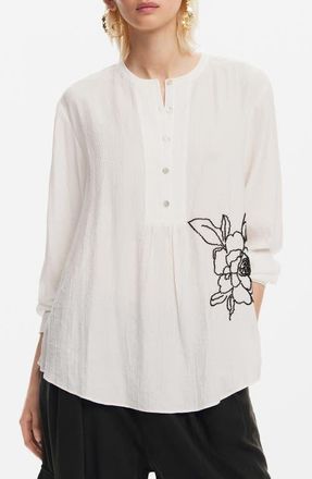 Desigual Nagasaki Floral Embellished Popover Top in White at Nordstrom, Size X-Small