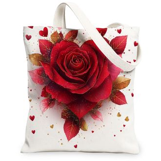Generic Valentines Day Rose Floral Canvas Tote Bag for Shopping 13x15, Romantic Flower Love Reusable Grocery Print Pattern Bag for Women, Holiday Beach Aesthe