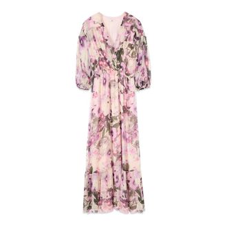 Oltre Lange Jurk in Gedrukte Gemengde Zijden Voile - Dames - Maxi kleedjes - Roze - M - Kleedjes