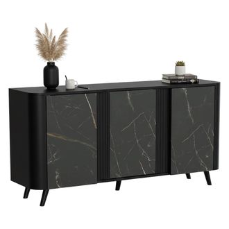 Dmora Aparador Loreo, Aparador De Sal&oacute;n Con Tres Puertas Batientes Y Compartimentos Interiores, Elevado Del Suelo, 151x42 H70 Cm, M&aacute;rmol Y Negro