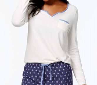 Nautica Lace Design Long Sleeve Pajama Top In Navy Print