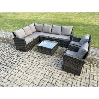 Fimous Rattan Garden Furniture Set Outdoor Lounge Corner Sofa Set With Square Coffee Table 2 Armchairs 8 Seater Dark Grey Mixed - Fimous