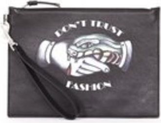 Roberto Cavalli Black Logo Print Leather Wristlet Pouch