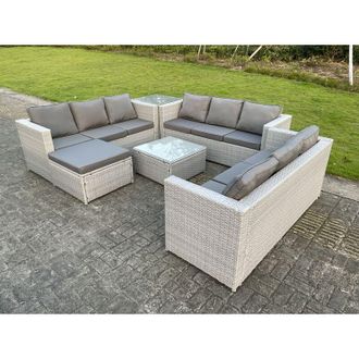 Fimous Light Grey Lounge Outdoor pe Rattan Garden Furniture Set Wicker Sofa Set Square Coffee Table Side Table Footstool - Fimous