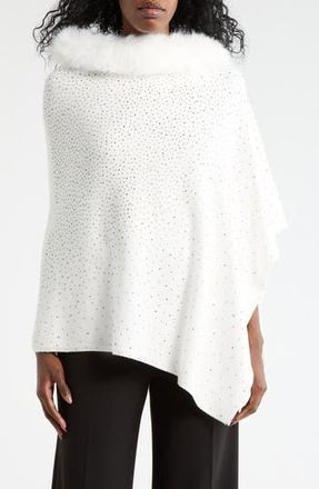 La Fiorentina Embellished Faux Fur Trim Poncho in White at Nordstrom Rack