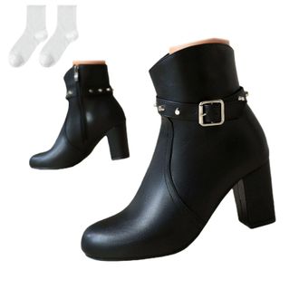 Generic Womens Ankle Boots with Block Heels, Black Ankle Boots with Buckle Straps, Comfortable Heeled Shoes Made of Faux Leather, Fashionable Short Boots for 