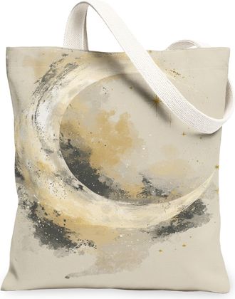 Generic Artistic Moon Canvas Tote Bags, Vintage Celestial Design Reusable Grocery Bags, Lightweight Washable Shoulder Strap Canvas, Beige, 13x15 Inch