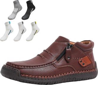 Generic Mens Handmade Premium Leather Slip-On Driving Boots, Side Zipper Non-slip Wide Toe Flat Shoes, For Hiking,Walking,Travel (04,12.5)