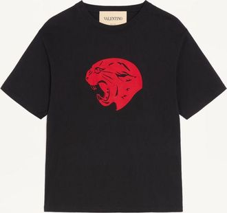 Valentino Valentino Cotton T-Shirt with Panther Print Man BLACK/RED 3XL