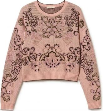 Twinset Geborduurd gebreid trui - Dames - Ronde hals truien - Roze - XS - Wol - Truien & Vesten