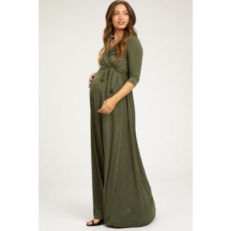 Pinkblush Draped 3/4 Sleeve Maxi Dress in Olive Green at Nordstrom, Size Medium