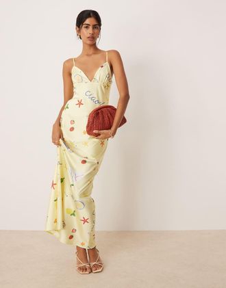 For Love & Lemons Huda - Vestito sottoveste lungo giallo con stampa di cartoline-Multicolore