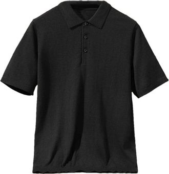 Generic Men Short Sleeved 100% Merino Wool T Shirt Quarter Button Fly Polo Sweater Solid Color Knitted Tees Black L