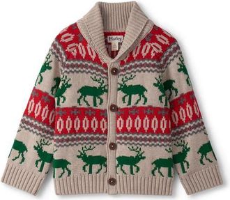 Hatley Fair Isle Winter Elk Cotton Blend Shawl Collar Sweater in Natural at Nordstrom, Size 12-18M