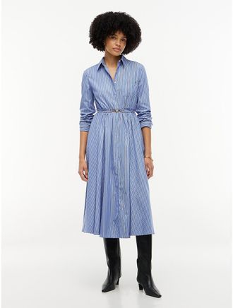 Tommy Hilfiger Womens Belted Striped Poplin Midi Shirtdress - New York Blue Stripe - 10