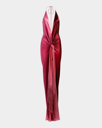 Silvia Tcherassi Corsario Knotted Ombre Silk Plunging Halter Maxi Dress