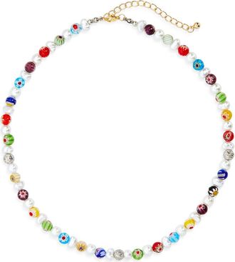 Eye Candy Los Angeles Milliefiori & Faux Pearl Beaded Necklace in White/Gold Multi at Nordstrom Rack