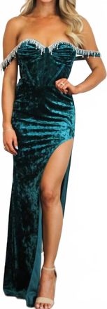 Maniju Savina Embellished Off Shoulder Bustier Crushed Velvet Maxi Dress In Emerald