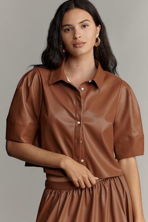 Maeve Lantern-Sleeve Faux Leather Blouse