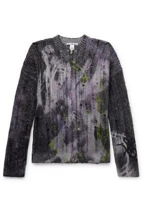 Acne Studios Glittered Distressed Open-Knit Zip-Up Cardigan