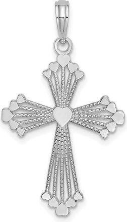 Diamond2Deal 14K White Gold Cut-Out Stripes Cross with Heart Charm Pendant