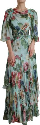 Dolce & Gabbana Womens Floralprint Silk Chiffon Gown Long Dress - Light Blue - Size EU 32 (Womens)