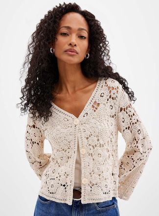 Contemporaine Womens Floral pattern crocheted Cardigan Sweater