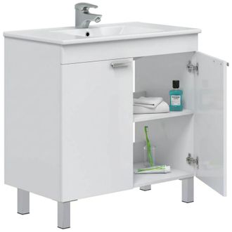 Dmora Mobile Sottolavabo Massiola, 2 Ante, Apertura Battente, Piedini Alluminio, 80x45x80h cm Bianco Lucido