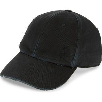 Saint Laurent Distressed Logo Embroidered Adjustable Denim Baseball Cap in Black at Nordstrom, Size 57 Eu